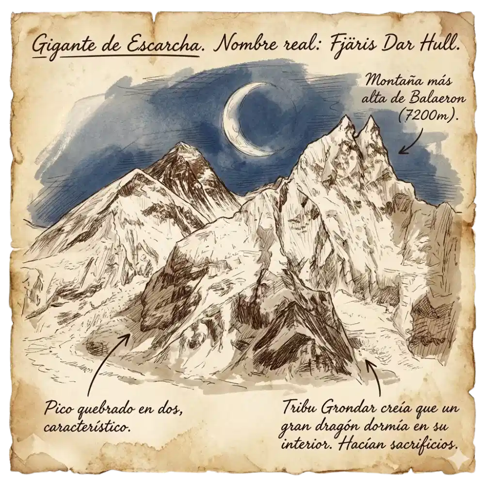 Ilustración cuadrada de la montaña Fjräis Dar Hull, mostrando su pico doble quebrado bajo la luna y notas del cronista sobre la tribu Grondar y el dragón interior.