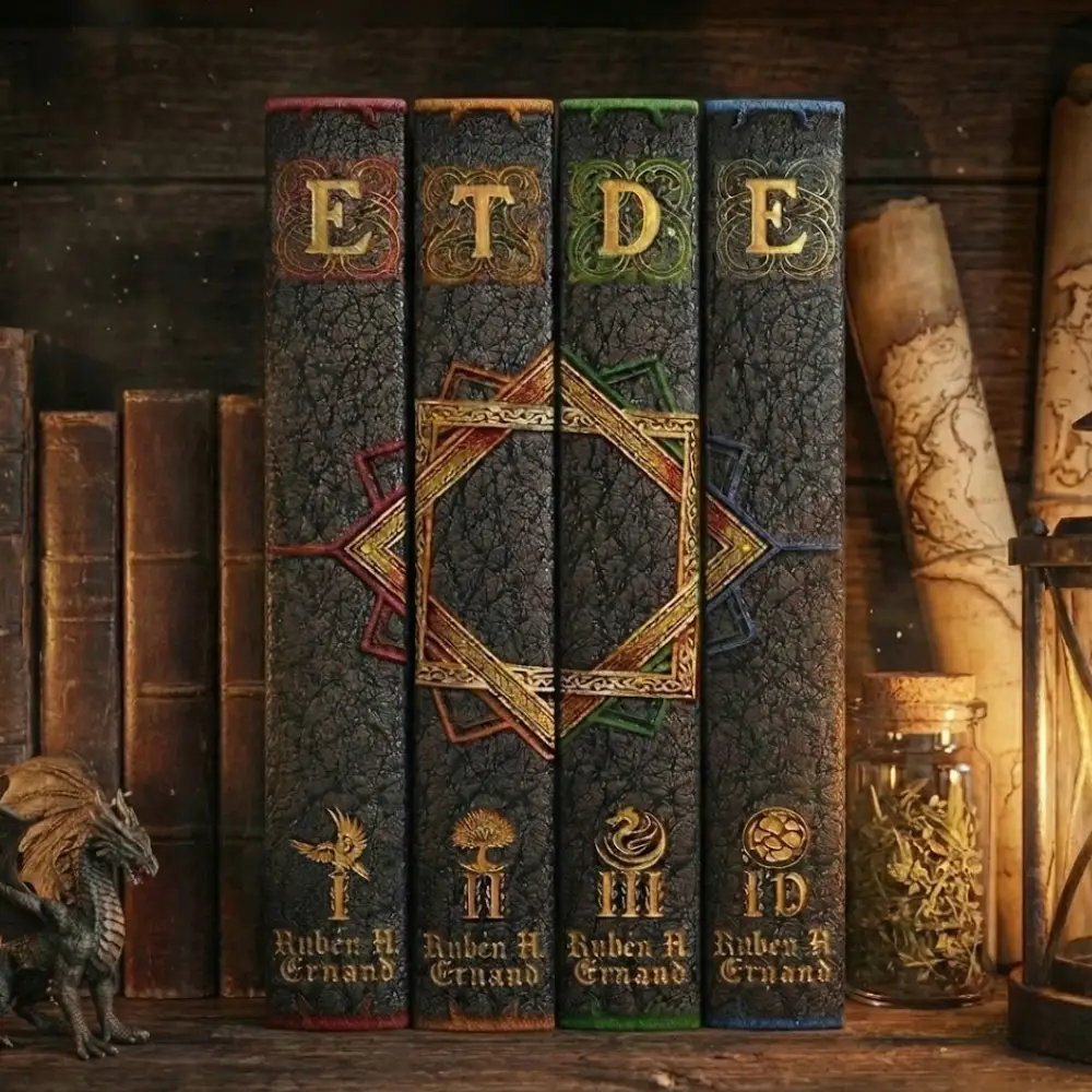 Los cuatro tomos de tapa dura de la saga "El Trastorno de Elaranne" (ETDE) de Rubén H. Ernand, con lomos decorados en rojo, naranja, verde y azul y símbolos dorados. Están en una estantería de madera oscura de estilo fantasía, acompañados por una figura de dragón, mapas antiguos enrollados y un farol encendido.