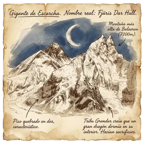 Ilustración cuadrada de la montaña Fjräis Dar Hull, mostrando su pico doble quebrado bajo la luna y notas del cronista sobre la tribu Grondar y el dragón interior.
