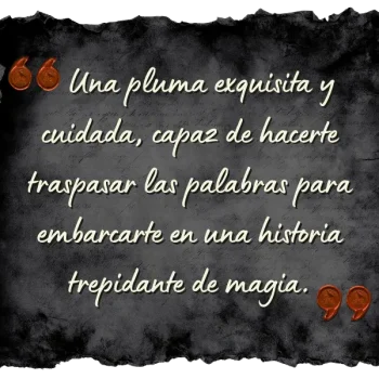 Fondo de pergamino con cita sobre la pluma exquisita y cuidada del autor.