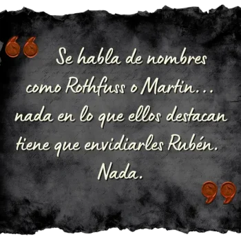 Tarjeta con sello de lacre y cita sobre la calidad de Rubén frente a Rothfuss y Martin.