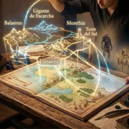 Rubén H. Ernand dibuja con una pluma sobre un mapa de Elaranne, del que surge un holograma con lugares como Balaeron, Merethia y la Torre del Sol, y bocetos de personajes.